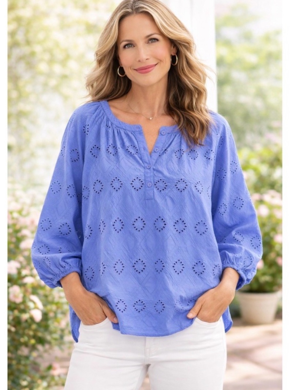 Banana Republic Factory Boho Eyelet Embroidered 3/4 Sleeve Blouse Blue SZ S